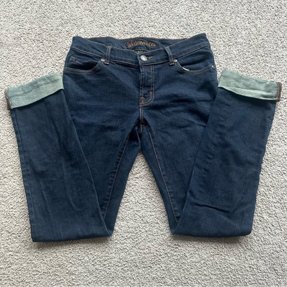 BLUENOTES jeans, size 27 on tag, darker blue, rolled up ankle cuff. Zipper front